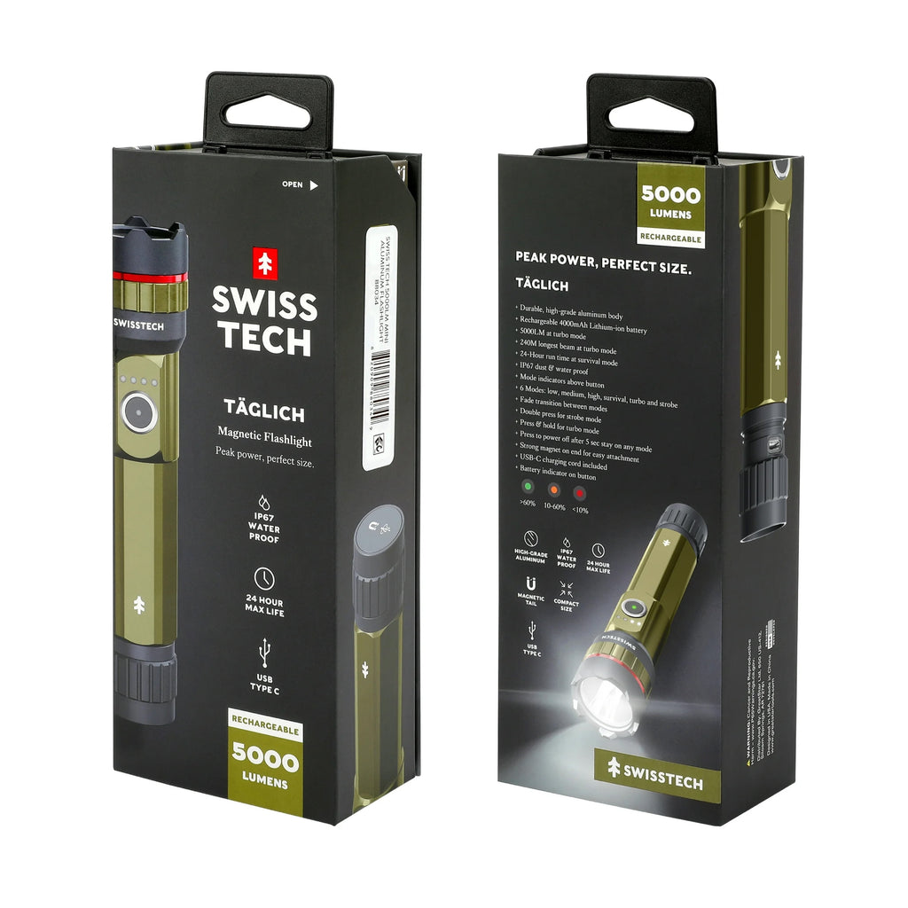 5000 Lumen Rechargeable LED Flashlight with IP67 Waterproof Magnetic Tailcap