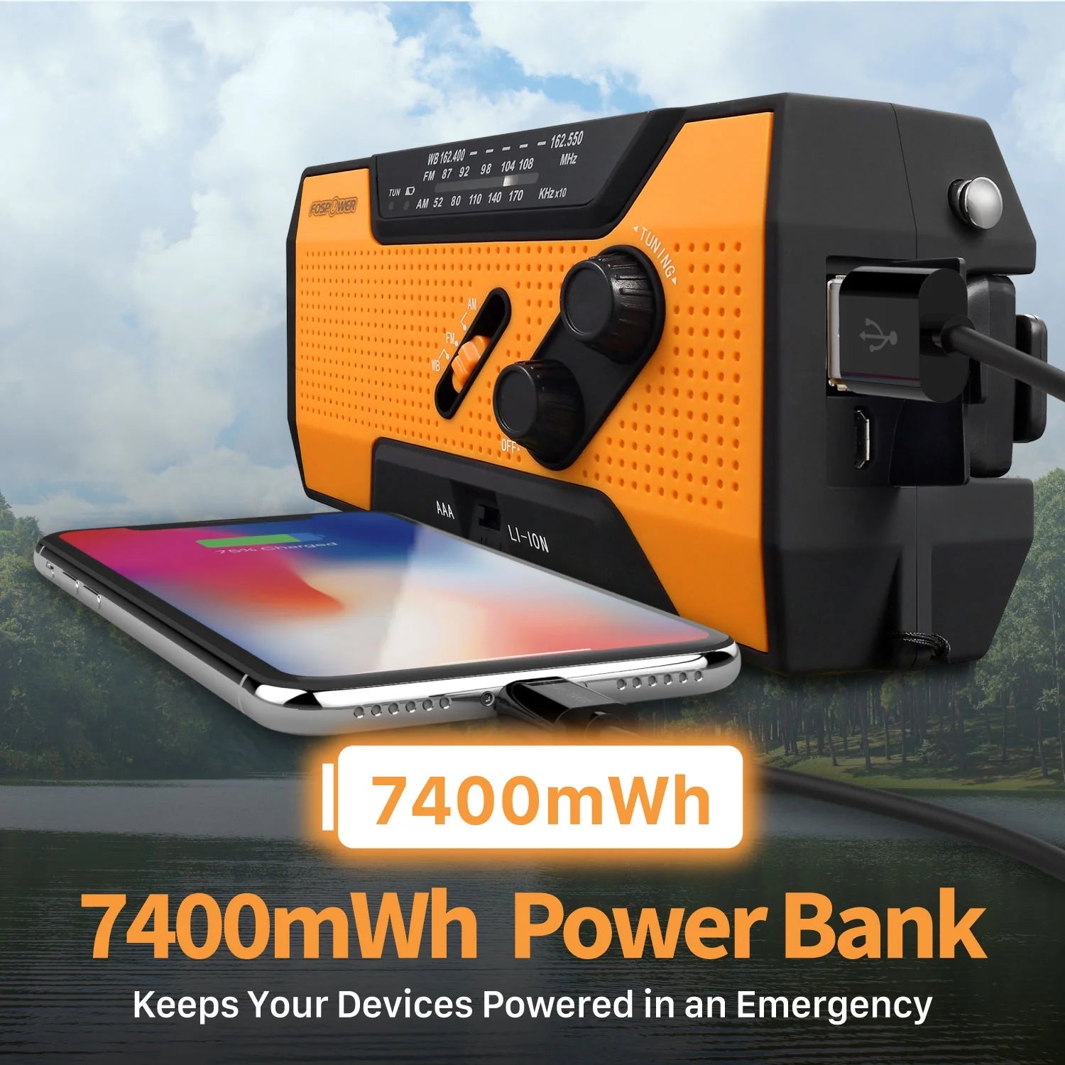 Emergency Solar Crank Portable Radio with LED Flashlight & USB Port, Black