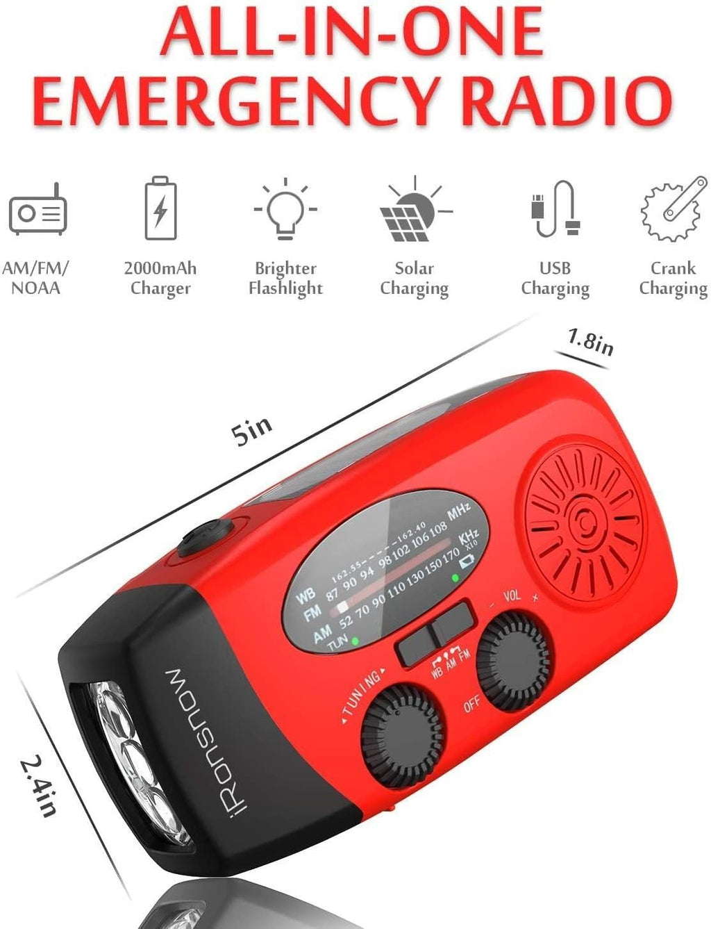 Solar Hand Crank Weather Radio AM/FM NOAA, LED, SOS, USB Charger Red