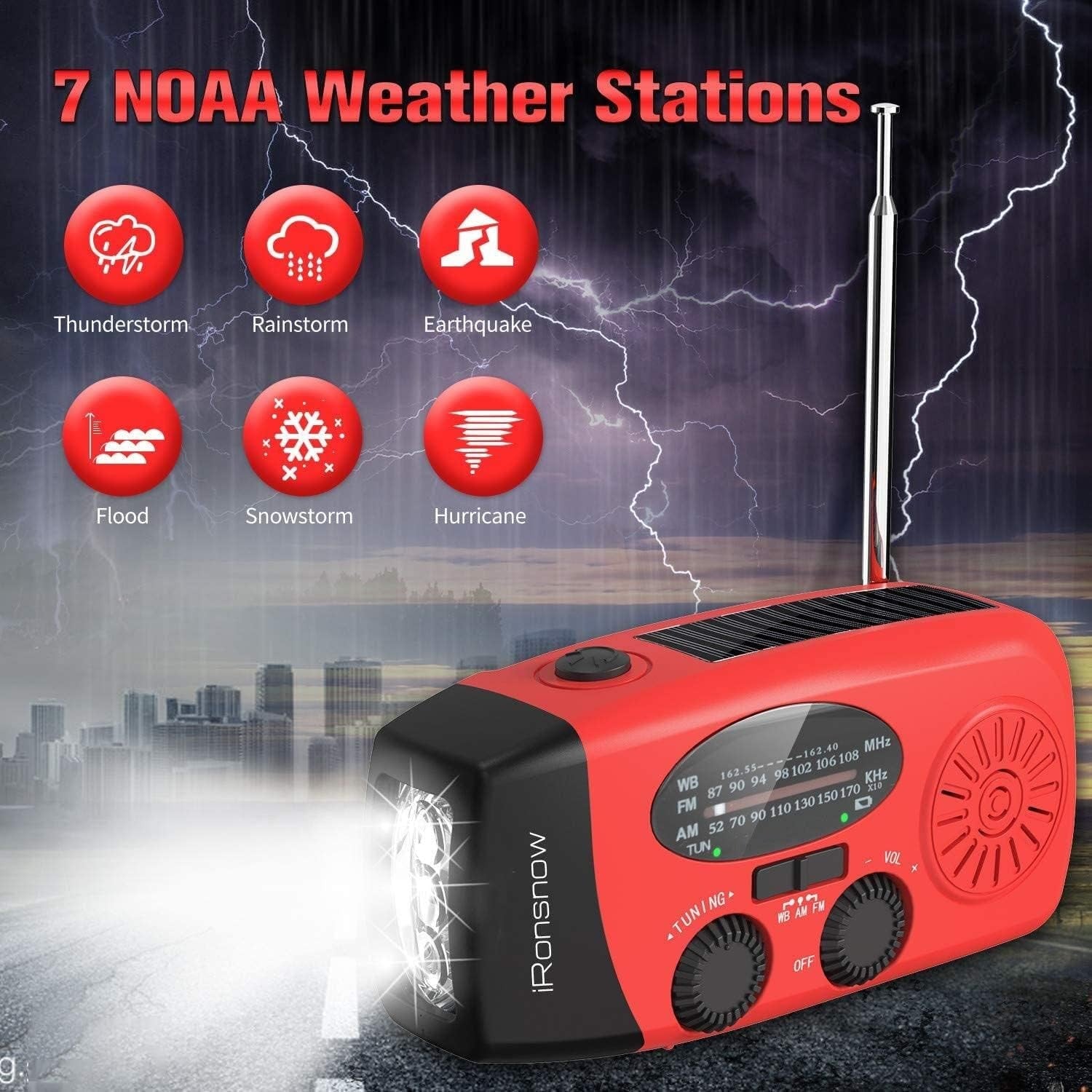 Solar Hand Crank Weather Radio AM/FM NOAA, LED, SOS, USB Charger Red