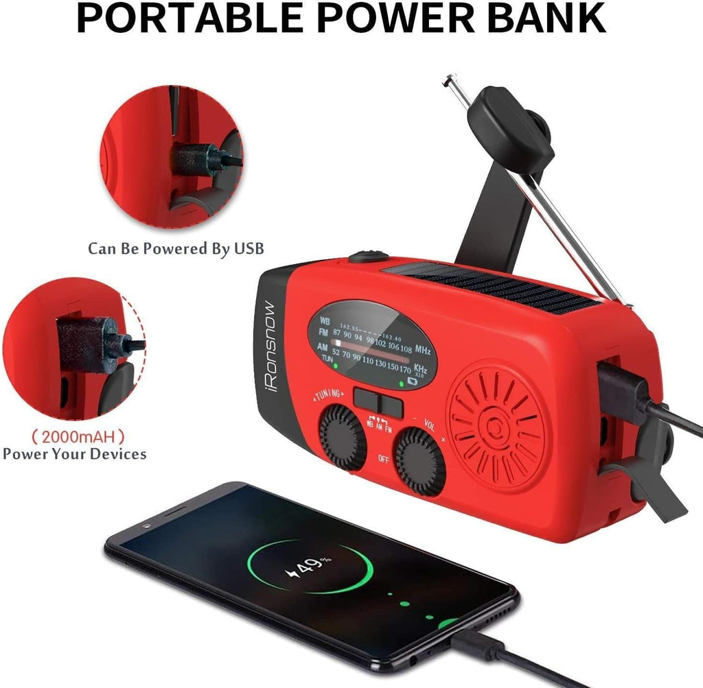 Solar Hand Crank Weather Radio AM/FM NOAA, LED, SOS, USB Charger Red
