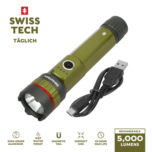 5000 Lumen Rechargeable LED Flashlight with IP67 Waterproof Magnetic Tailcap