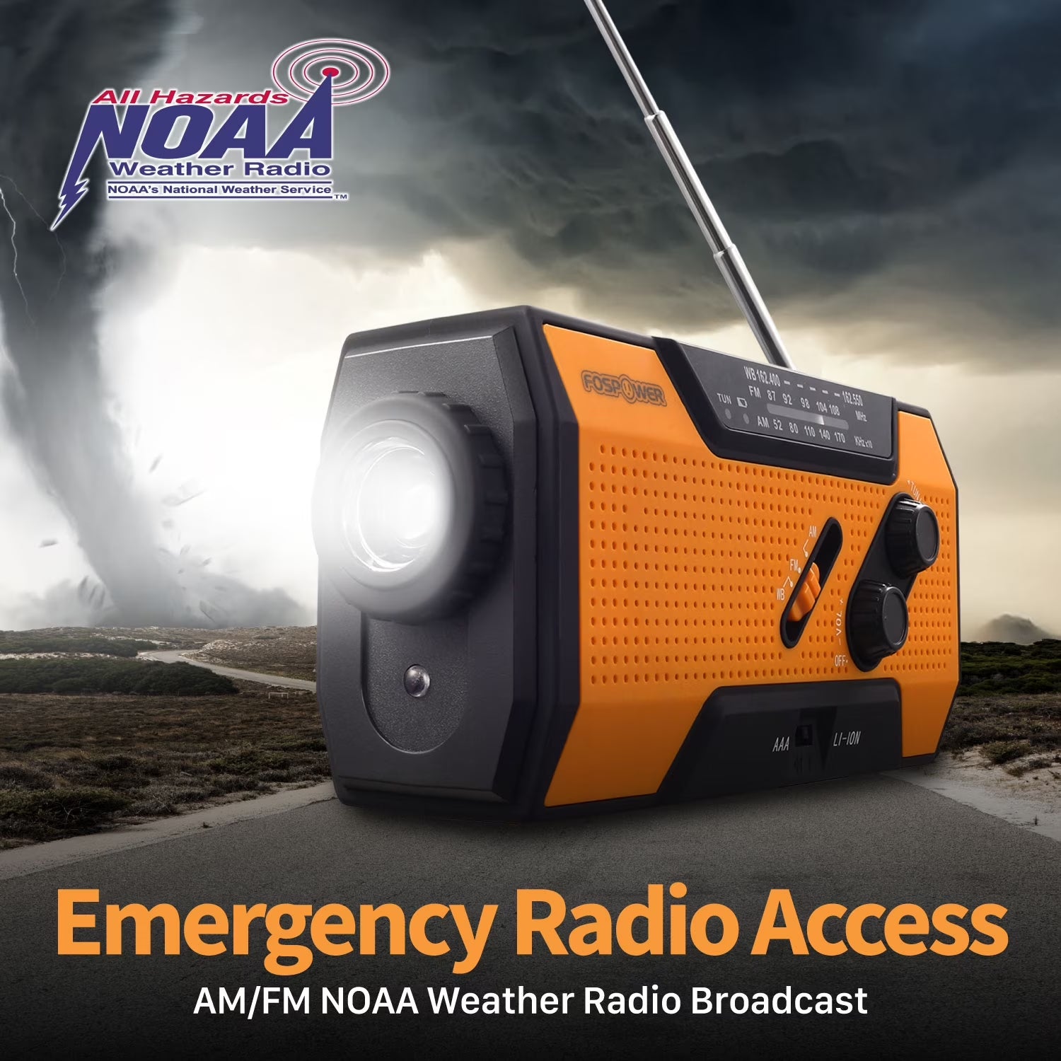 Emergency Solar Crank Portable Radio with LED Flashlight & USB Port, Black