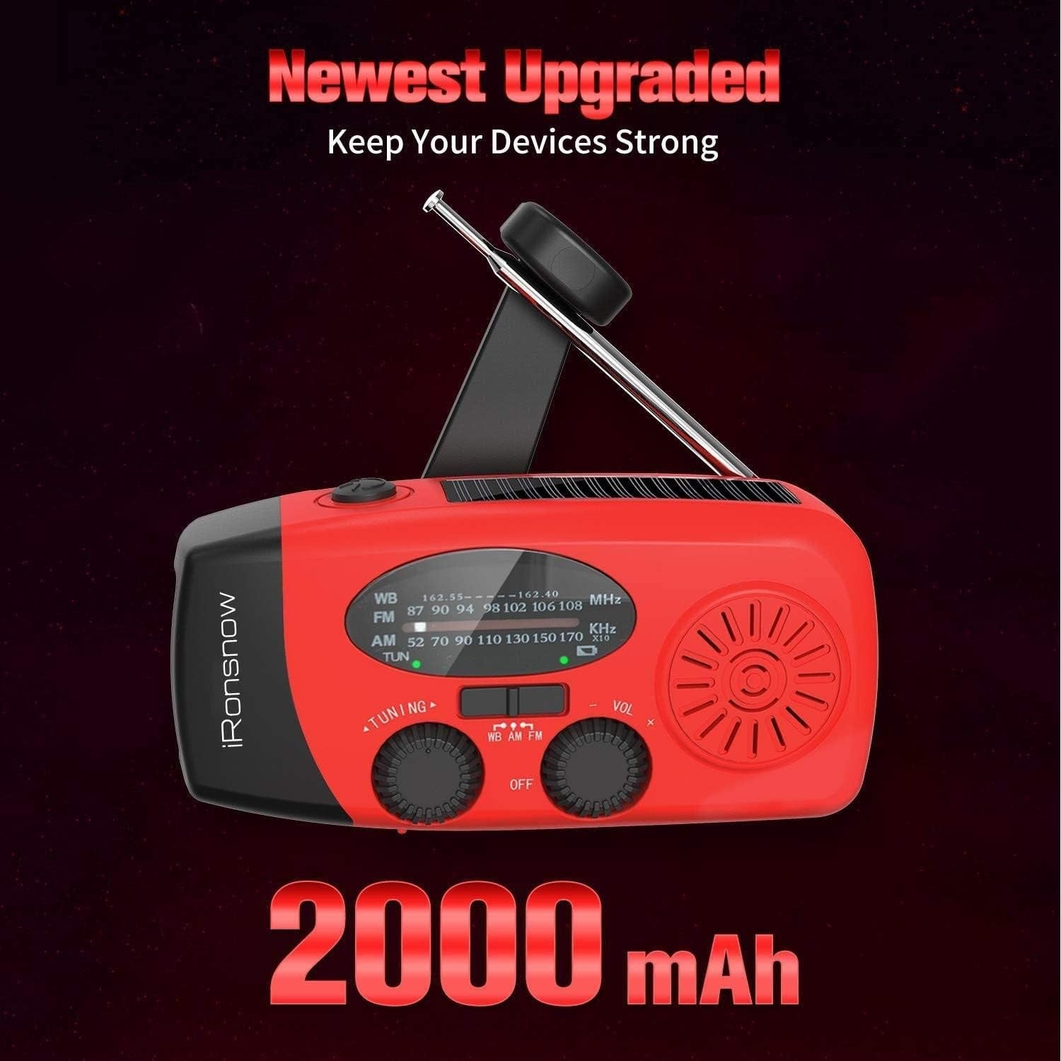 Solar Hand Crank Weather Radio AM/FM NOAA, LED, SOS, USB Charger Red