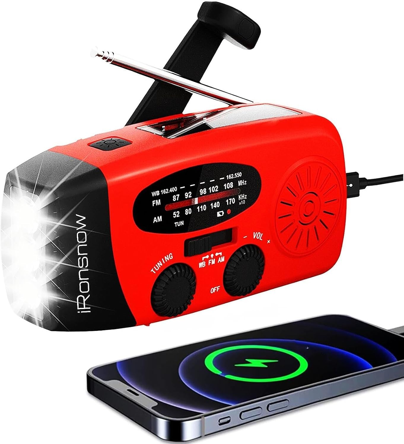 Solar Hand Crank Weather Radio AM/FM NOAA, LED, SOS, USB Charger Red